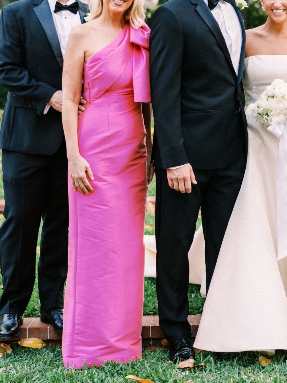Sachin + Babi One-Shoulder Hot Pink Satin Gown with Sculpted Bow